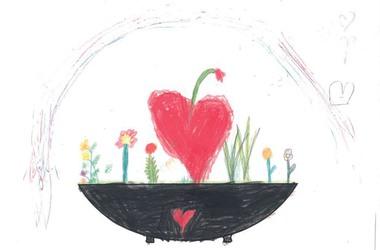 Teckning som föreställer blommor i en stor rund urna. Stort hjärta i mitten, regnbåge över.