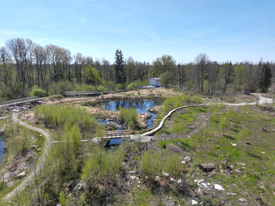 Översikt över del av Hanefors naturreservat med vattendrag och spänger.