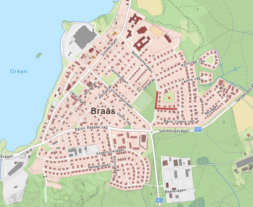 Röd markering visar de delar som berörs av avbrottet.