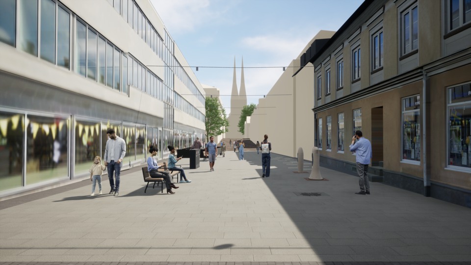 Visionsbild som beskriver Sandgärdsgatans utformning efter renoveringen.