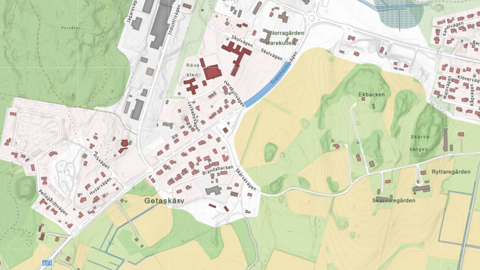 Blå linje visar sträckan mellan Skolvägen och Harekullvägen.