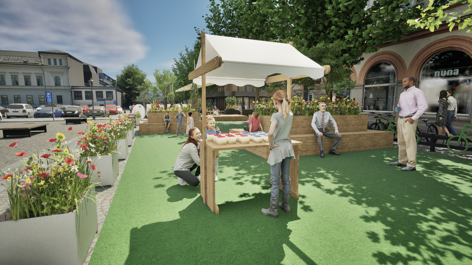 Visualisering av sommargatan 2025 på Kungsgatan. Vy från norr.