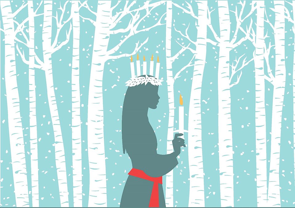 Illustration av en lucia som går i i en björkskog. Snö yr i lyften.