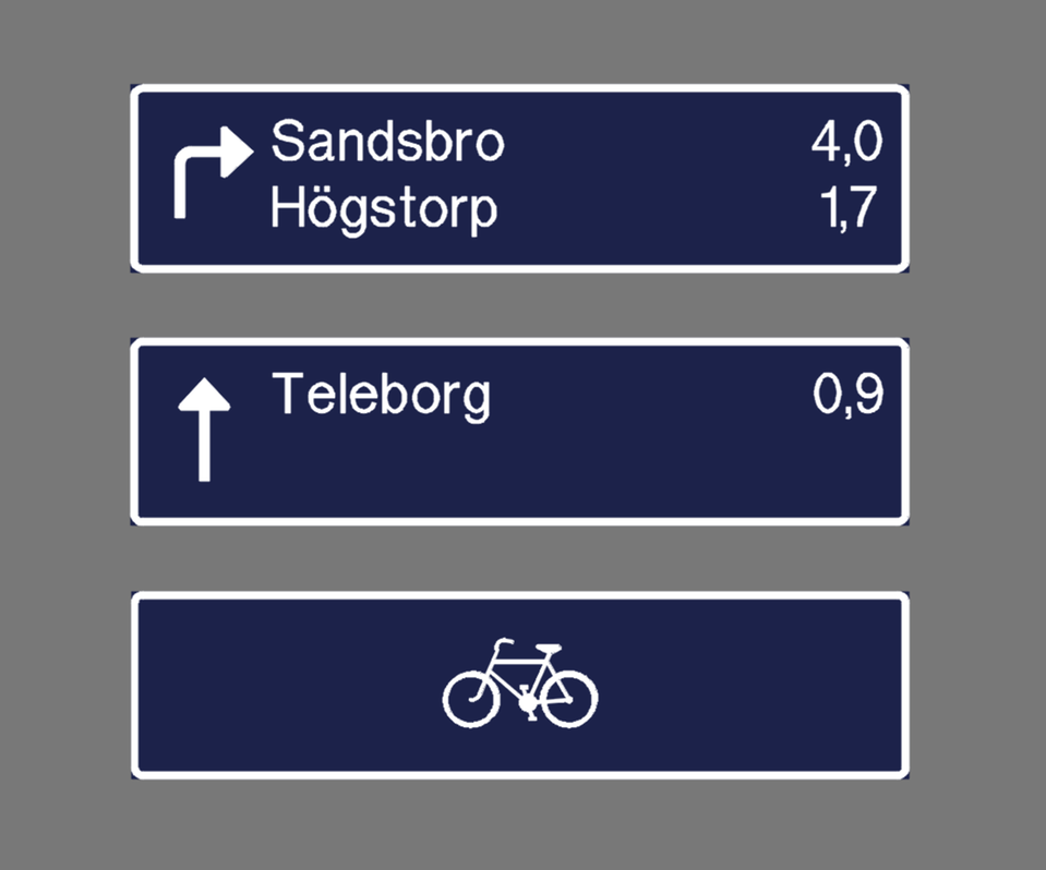 Visar tre förslag på kommunens standard på vägvisningsskyltar.